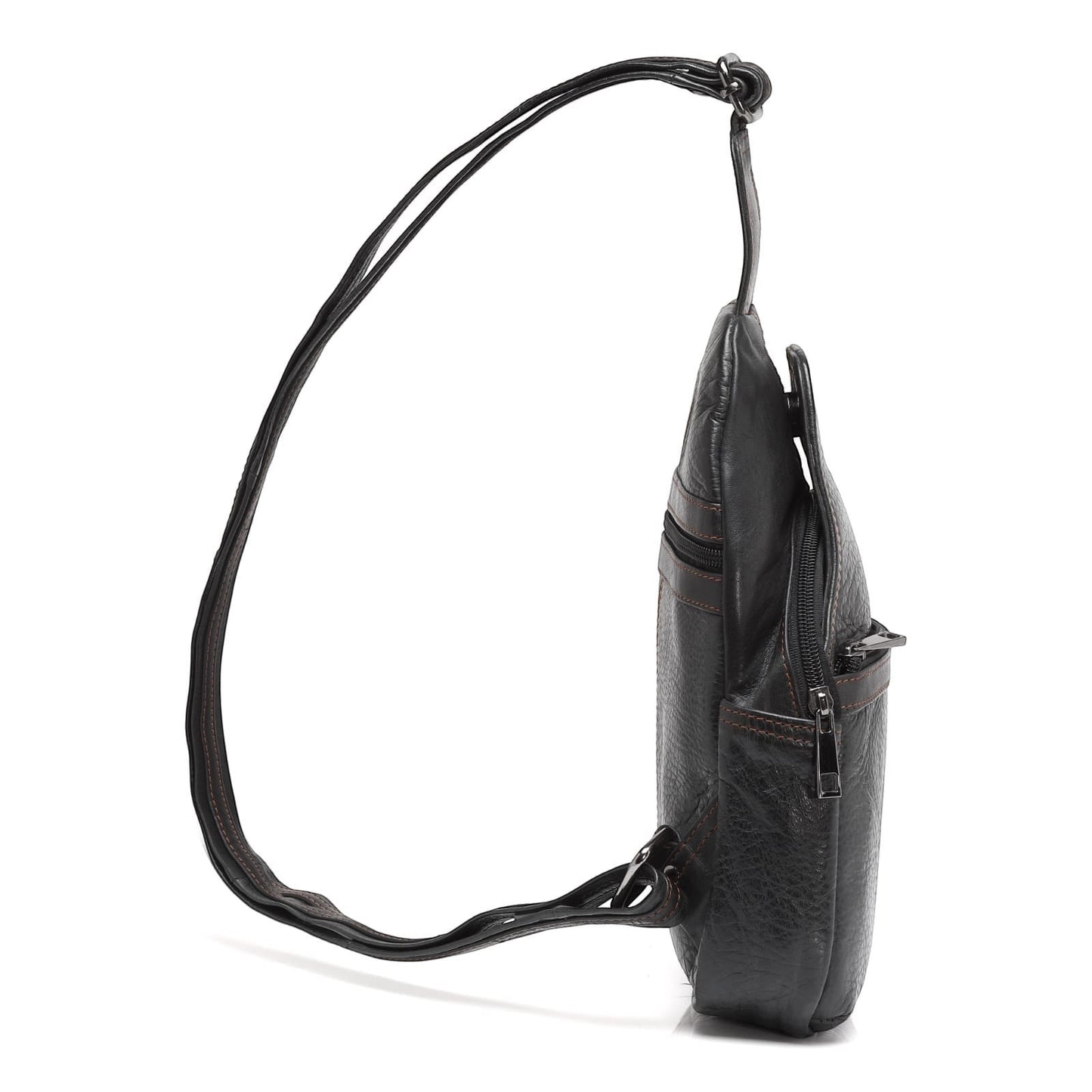 Seragino black genuine leather crossbody bag with adjustable strap and zippered pockets.