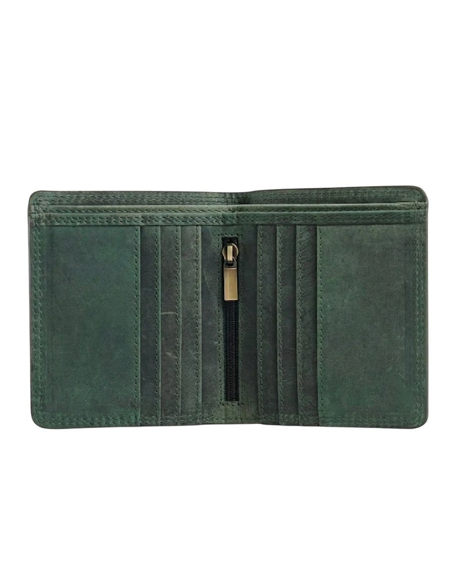 Seragino Verde Bifold Wallet, green leather with multiple card slots and a central zippered coin pocket.