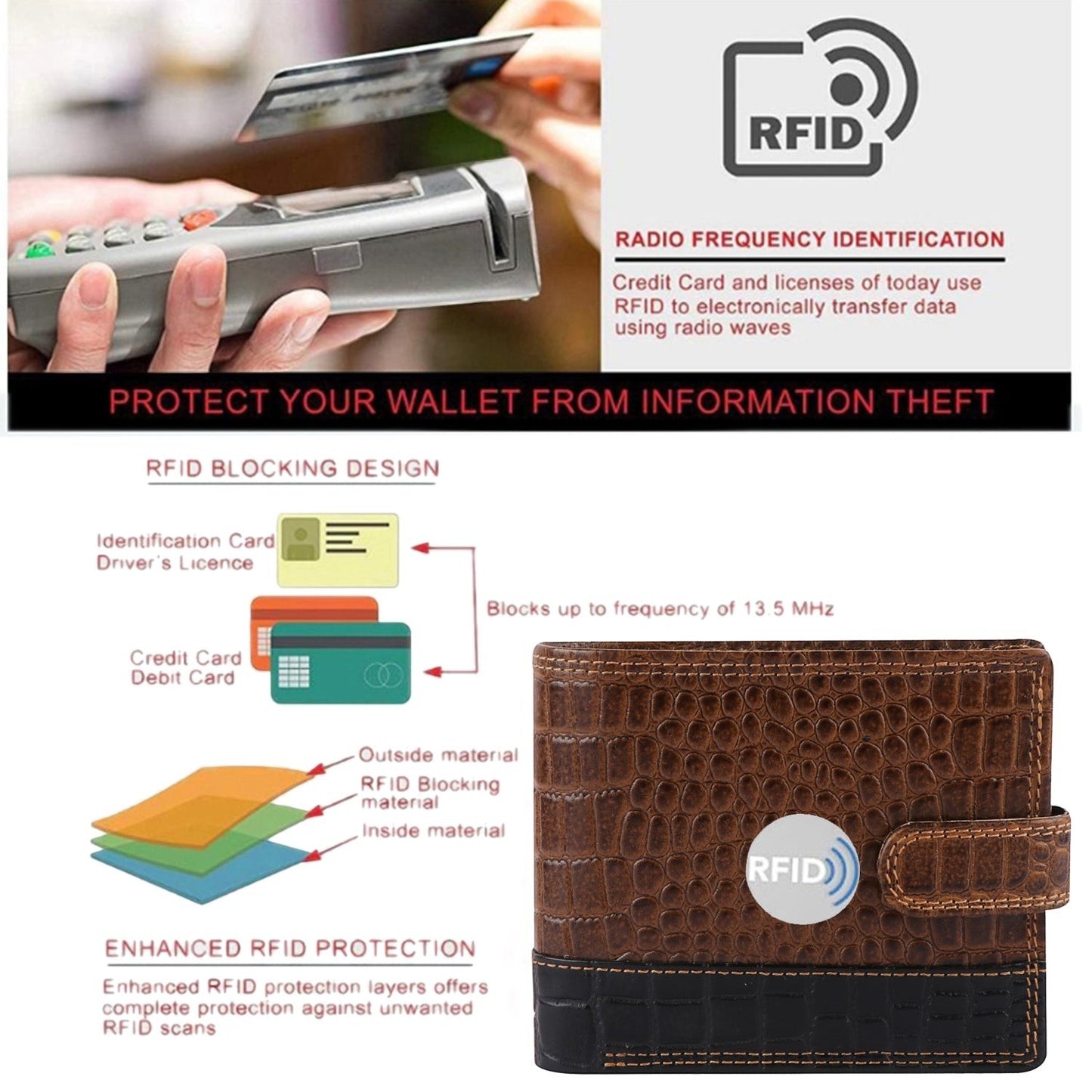 Seragino bifold wallet in brown and black croc-embossed leather with RFID blocking technology for security.