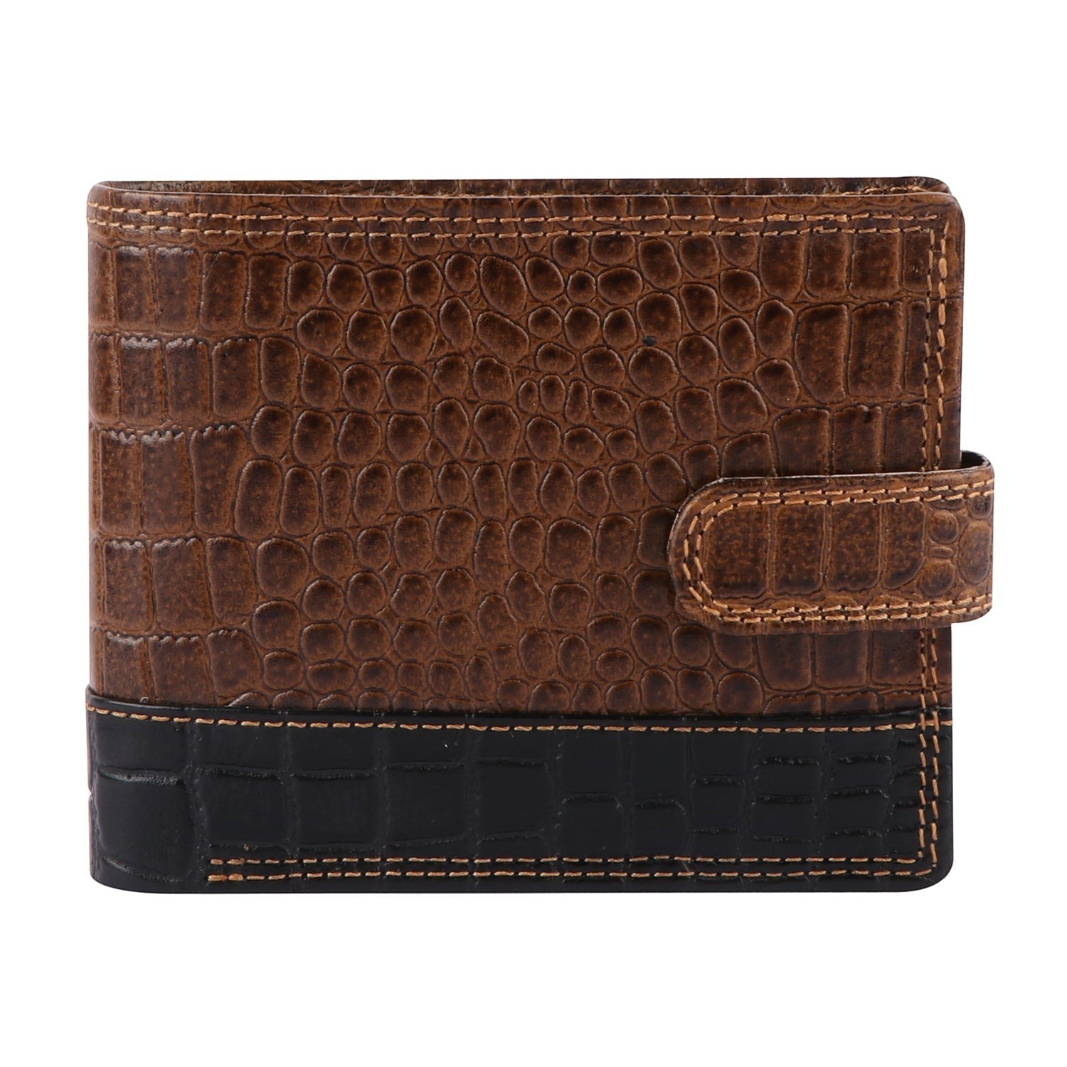 Seragino bifold wallet in brown and black crocodile-embossed leather with a secure snap-button closure.