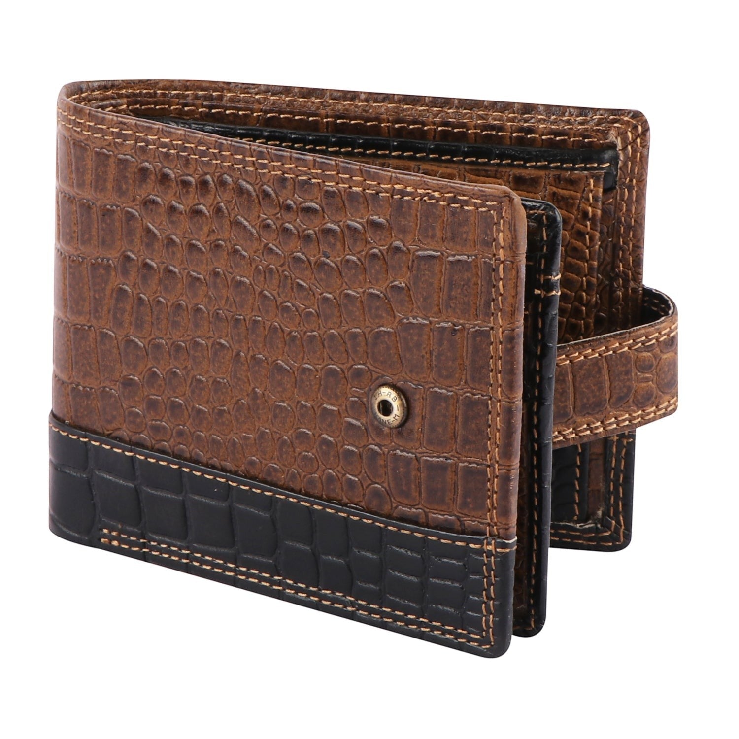 Seragino bifold wallet in brown and black crocodile-embossed leather with a snap button closure.