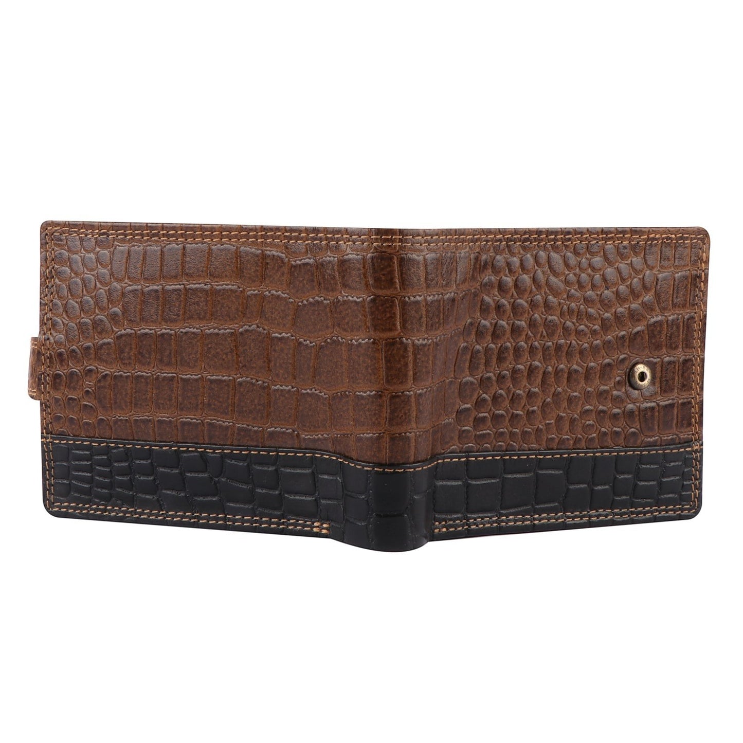 Seragino bifold wallet in brown and black crocodile-embossed leather with contrast stitching and snap button closure.