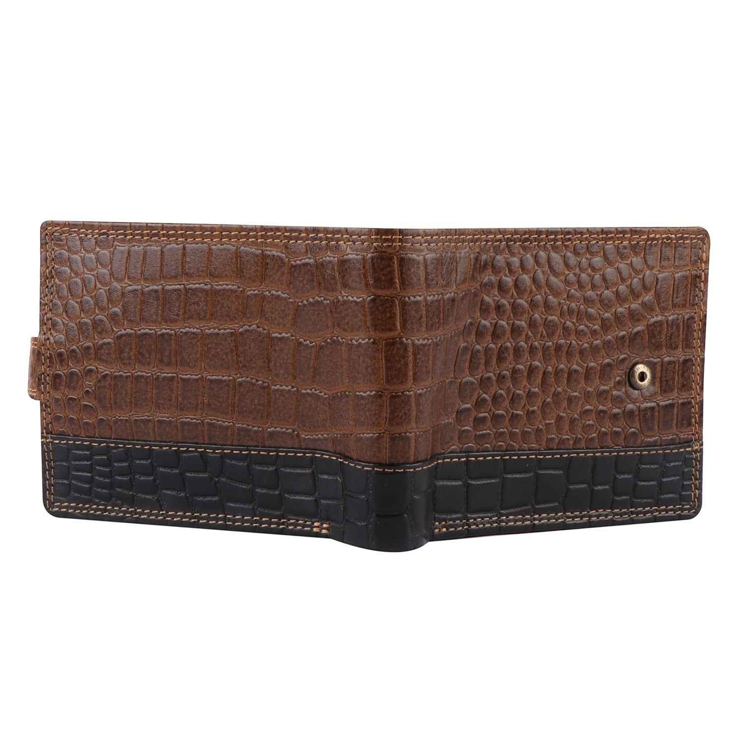 Seragino bifold wallet in brown and black crocodile-embossed leather with contrast stitching and snap button closure.