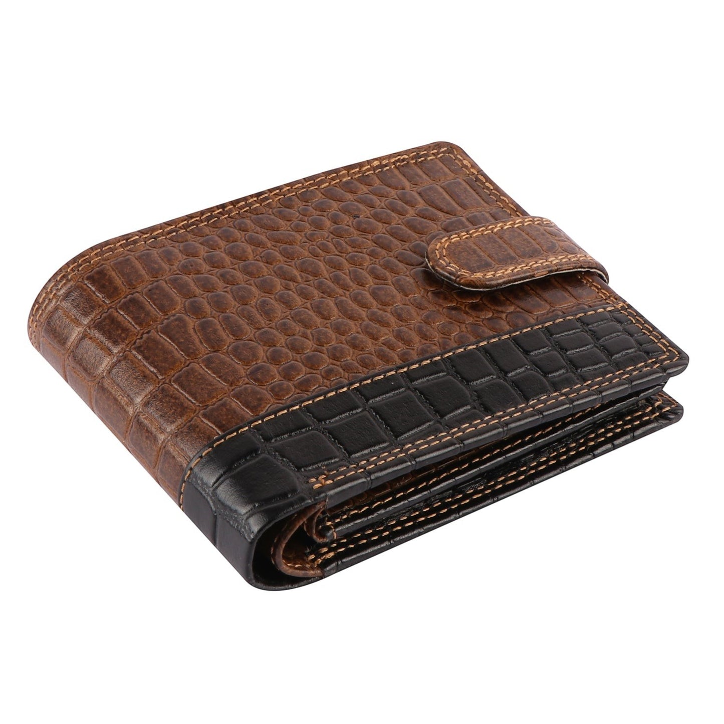 Seragino bifold wallet in brown and black crocodile-embossed leather with a secure snap closure.