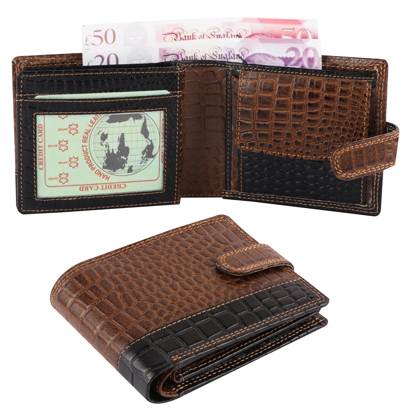 Seragino bifold wallet in brown and black crocodile-embossed leather with card slots, ID window, and snap closure.