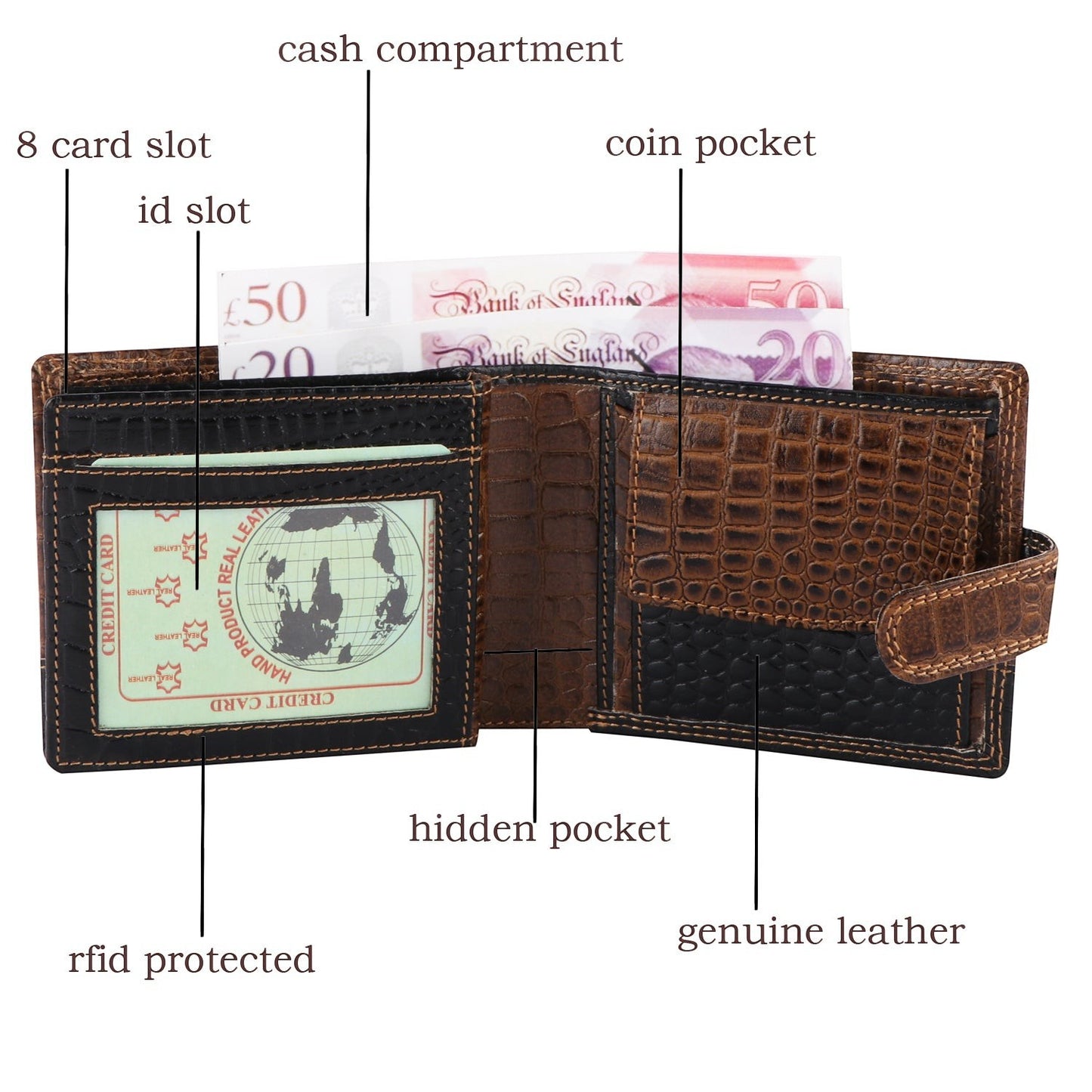 Seragino bifold wallet in two-tone brown and black croc-embossed genuine leather with RFID protection and coin pocket.