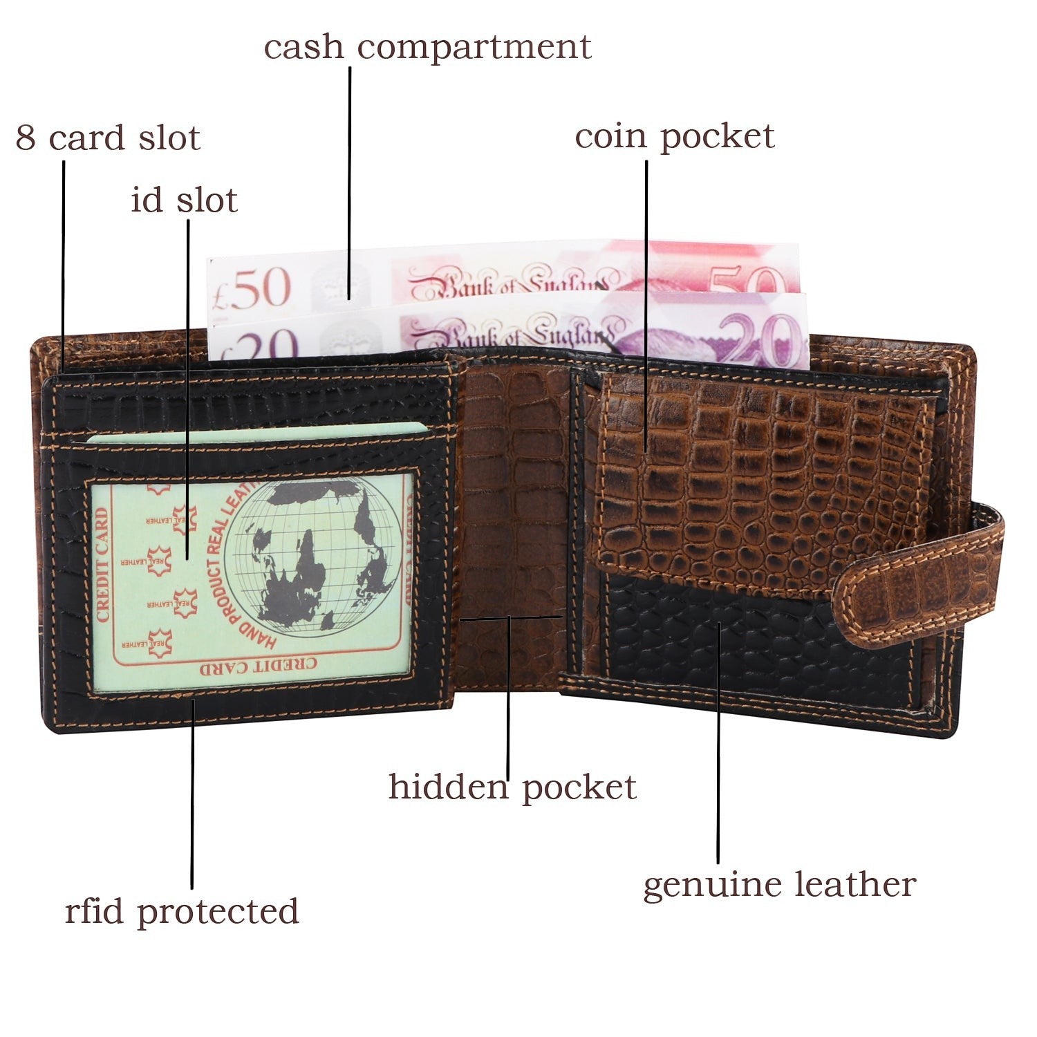 Seragino bifold wallet in two-tone brown and black croc-embossed genuine leather with RFID protection and coin pocket.
