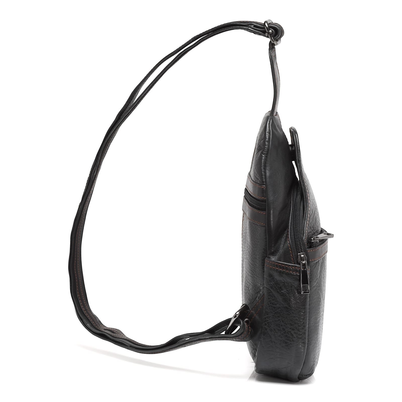 Seragino black genuine leather crossbody bag with adjustable strap and zippered pockets.