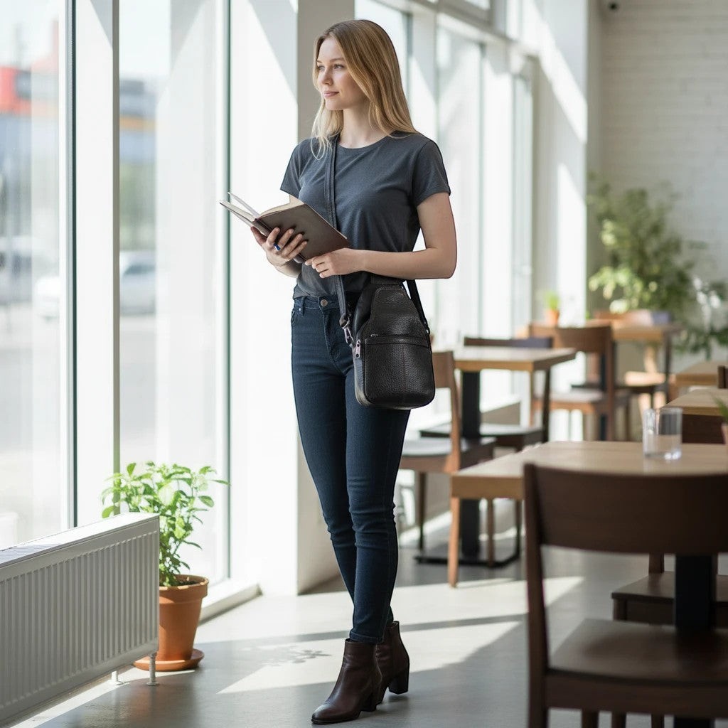 Seragino black pebbled leather duffle bag with brass hardware, worn crossbody by a woman holding a book.