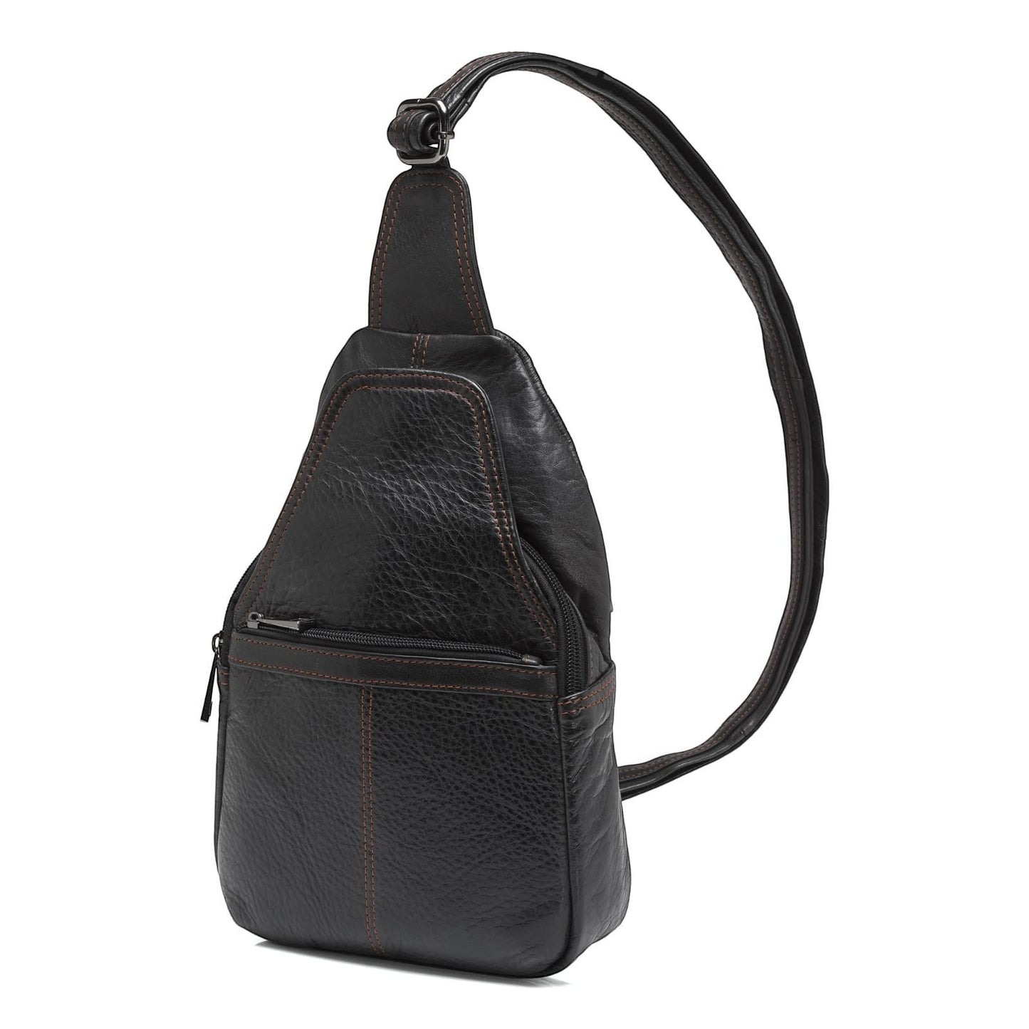 Seragino black genuine leather sling backpack with adjustable strap and brass hardware.