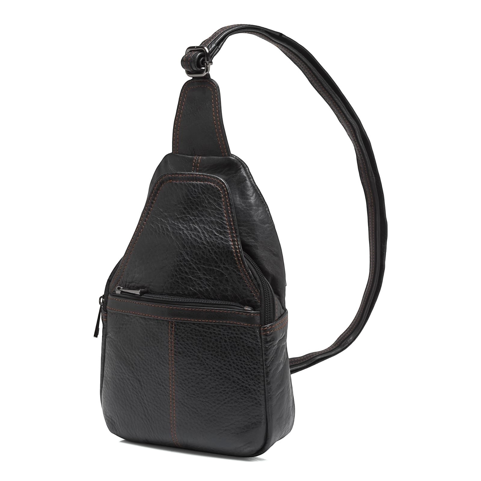 Seragino black genuine leather sling backpack with adjustable strap and brass hardware.