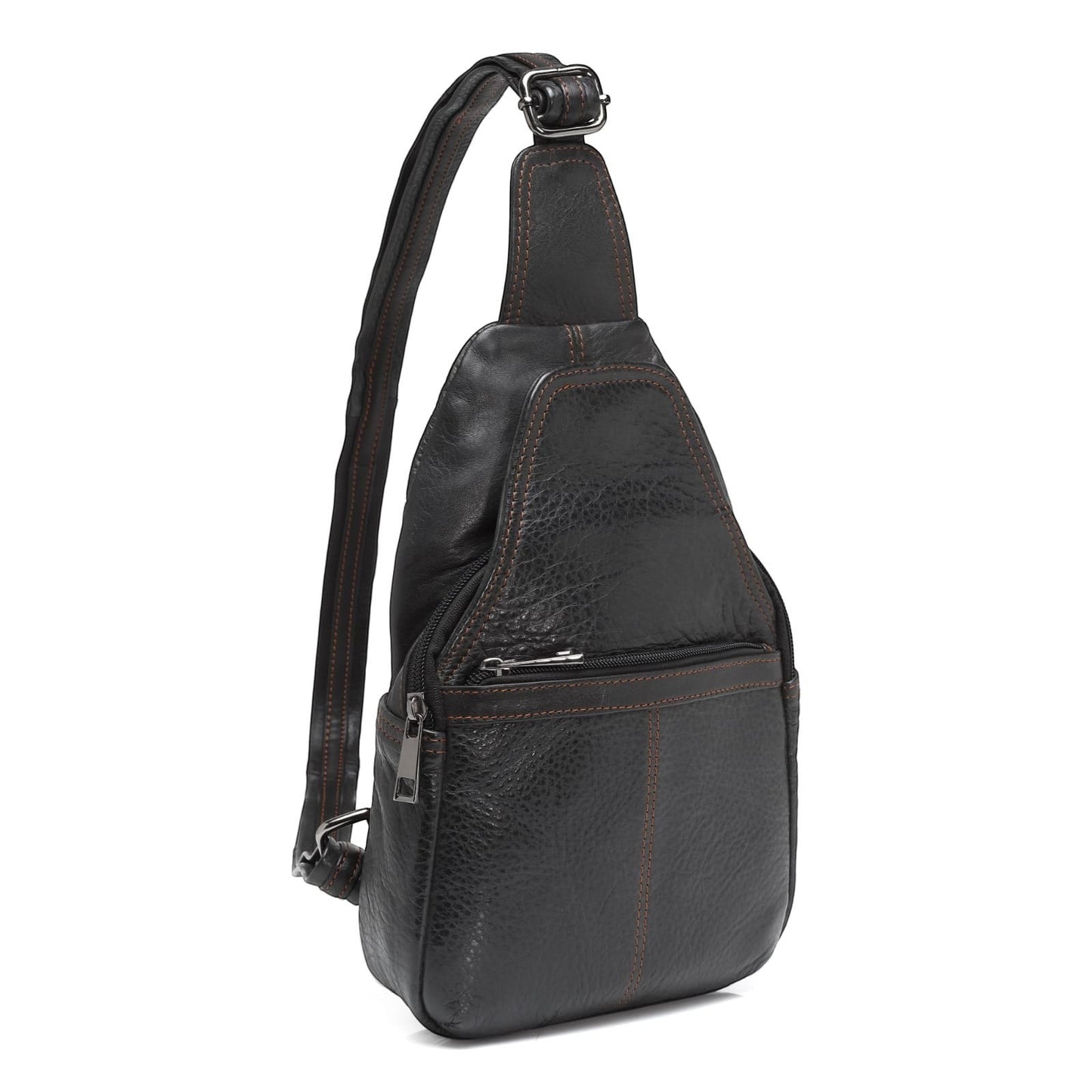 Seragino black genuine leather sling backpack with adjustable strap and brass hardware.