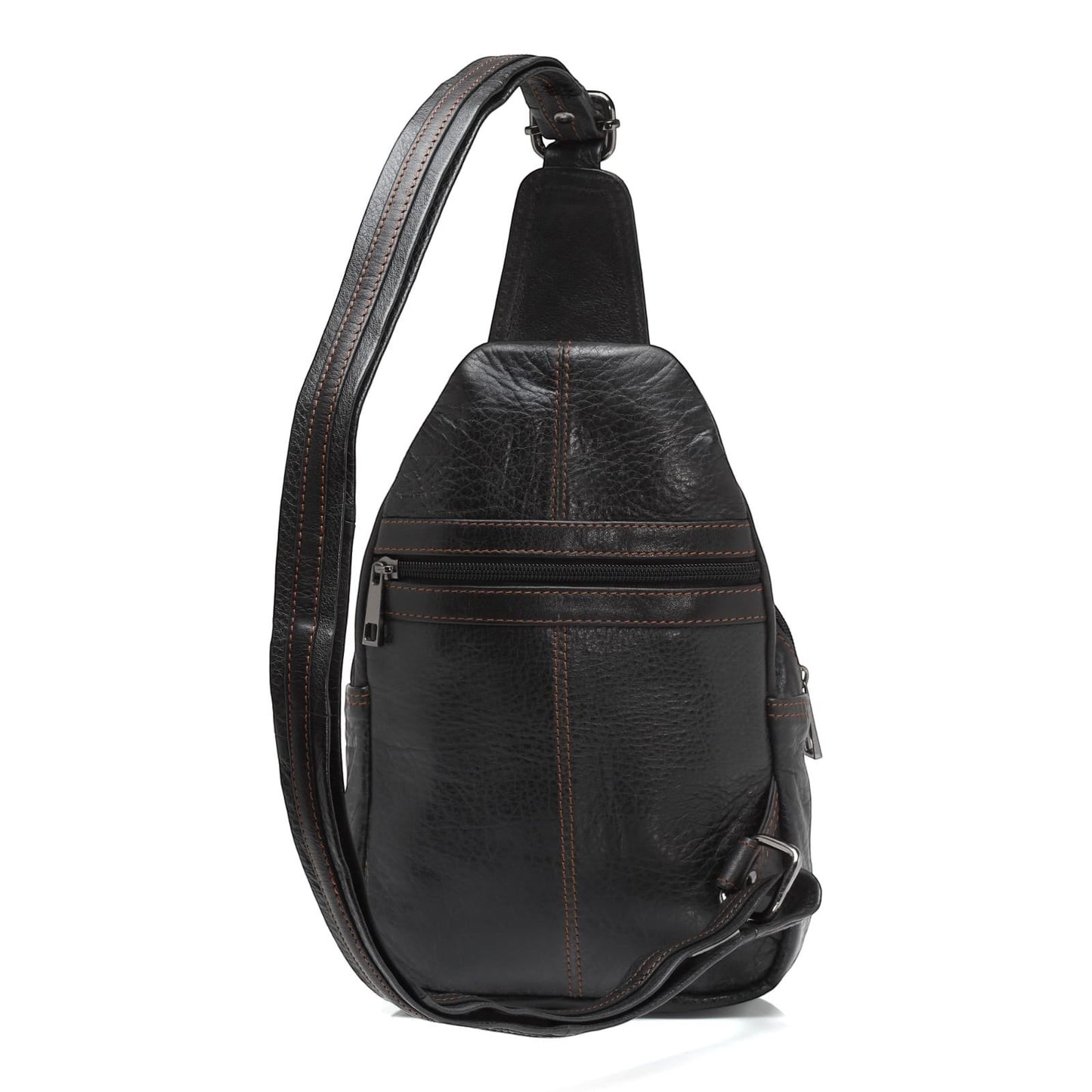 Seragino black genuine leather sling backpack with adjustable strap and brass hardware.