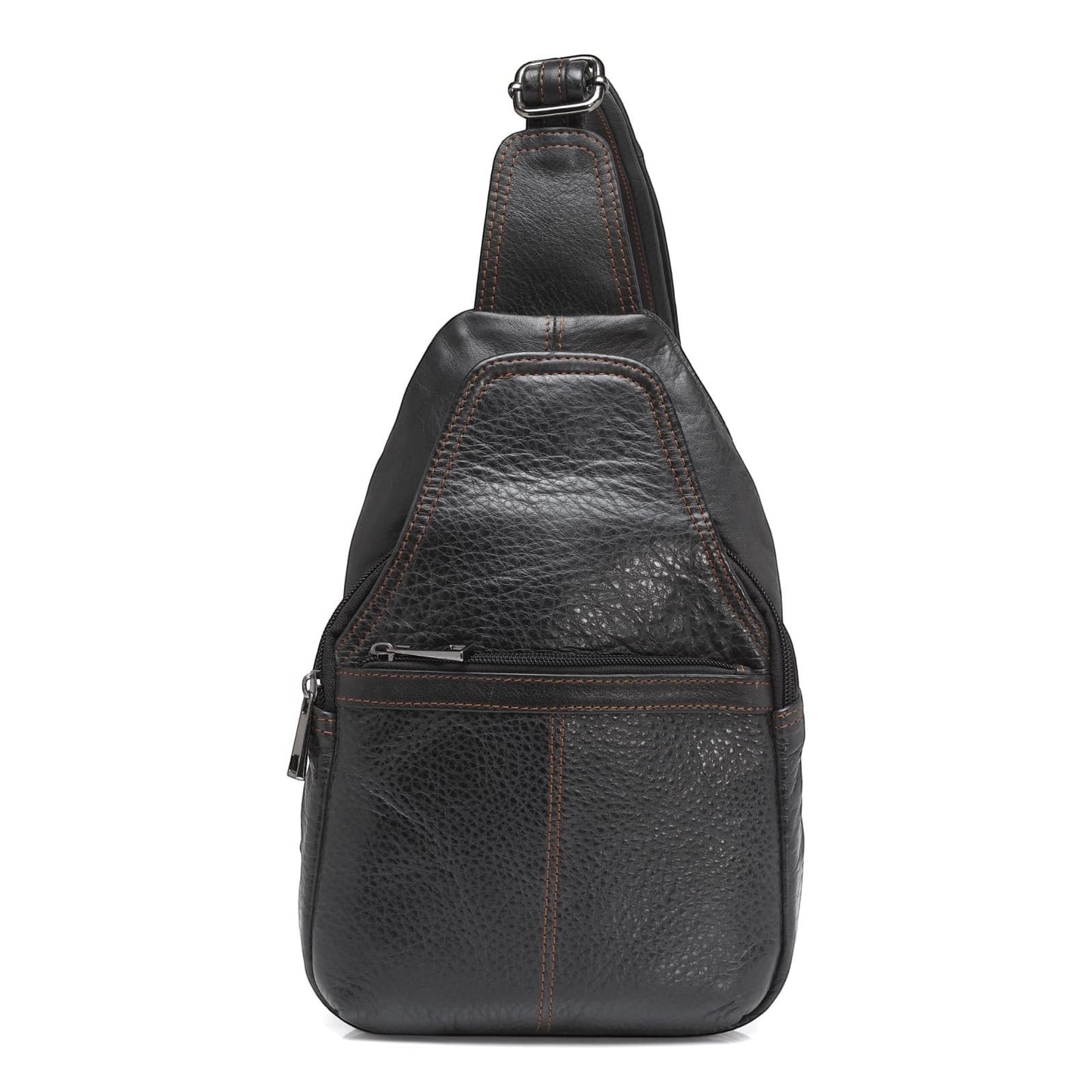 Seragino black genuine leather sling backpack with adjustable strap and brass hardware.