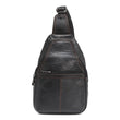 Seragino black genuine leather sling backpack with adjustable strap and brass hardware.