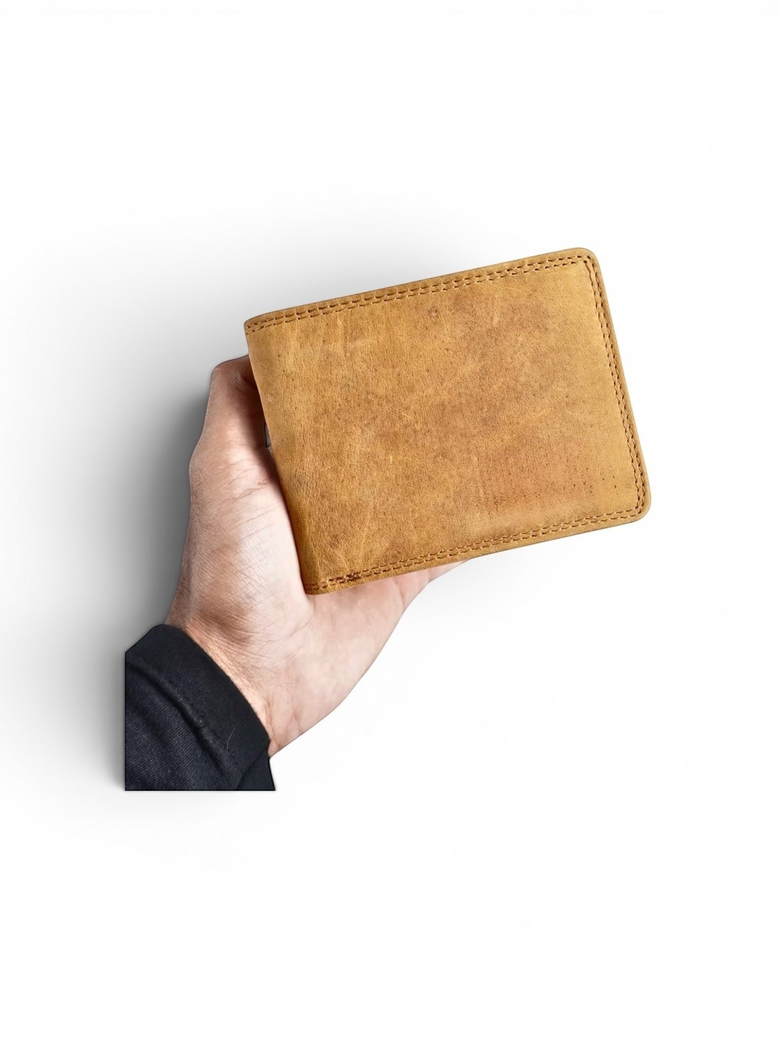 Seragino Classic Bifold wallet in tan full-grain leather with reinforced stitching, held in a hand.