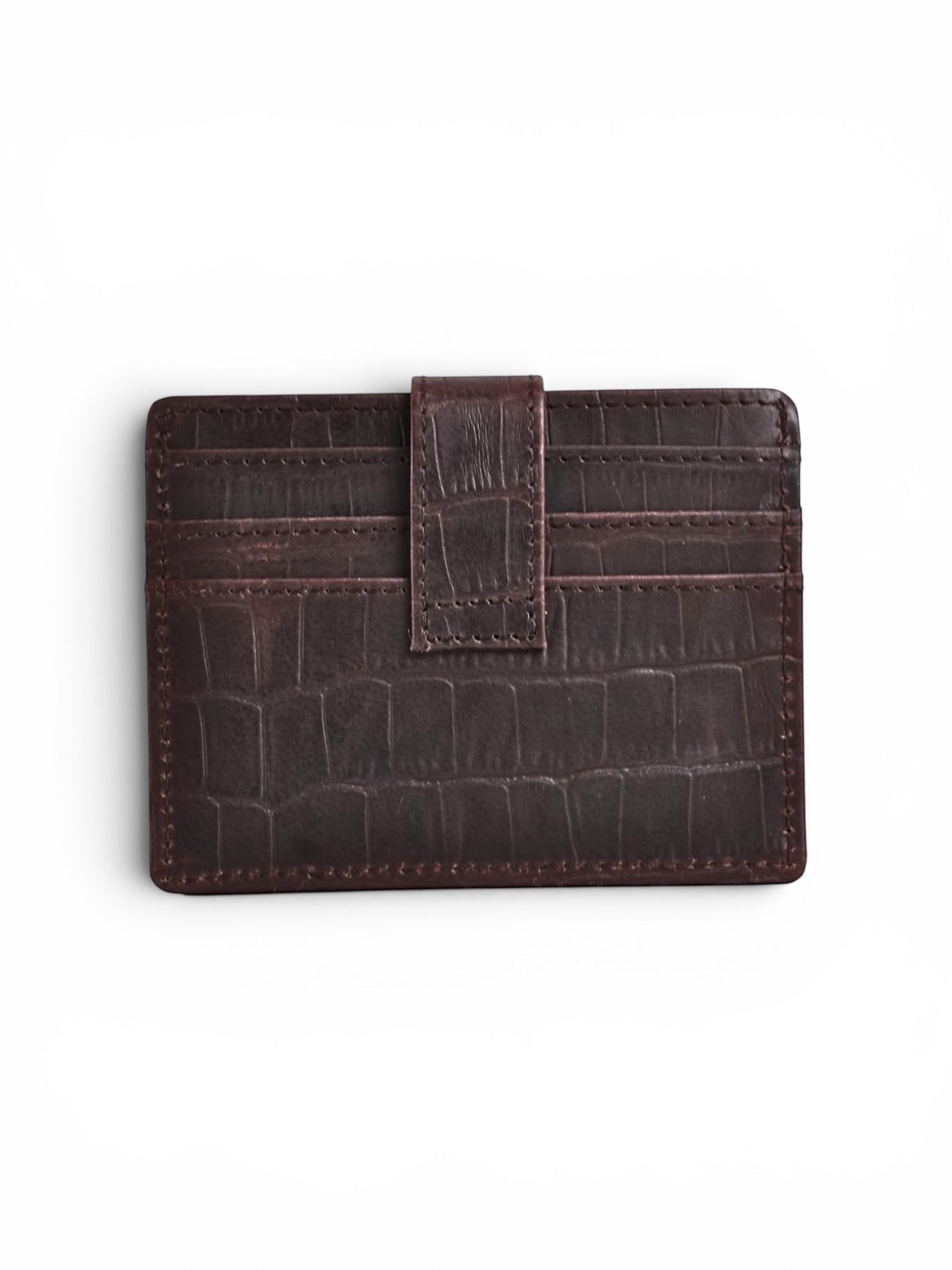 Seragino dark brown croc-texture leather card holder with snap closure and multiple card slots.