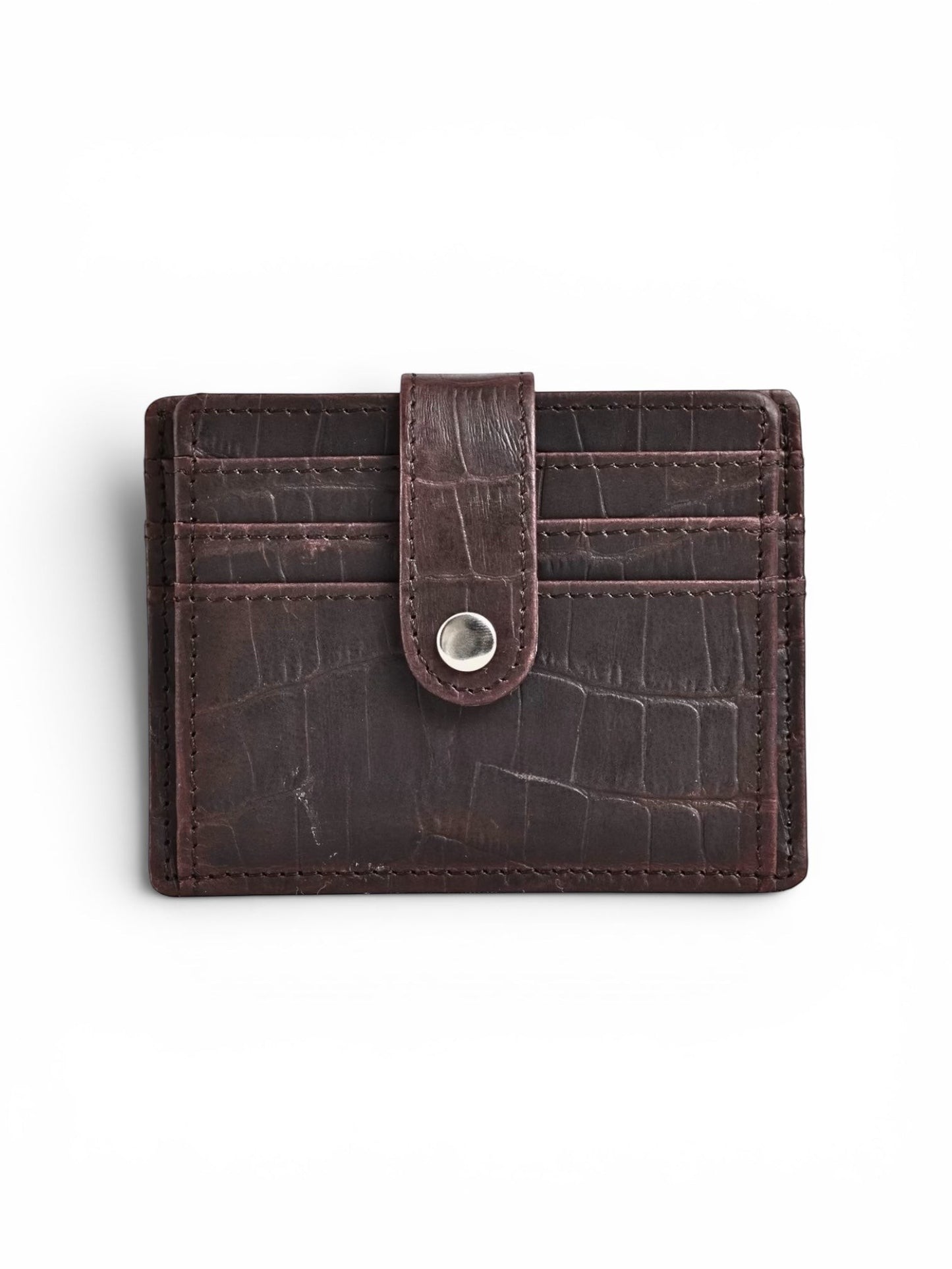 Seragino dark brown croc-texture leather card holder with snap closure and multiple card slots.