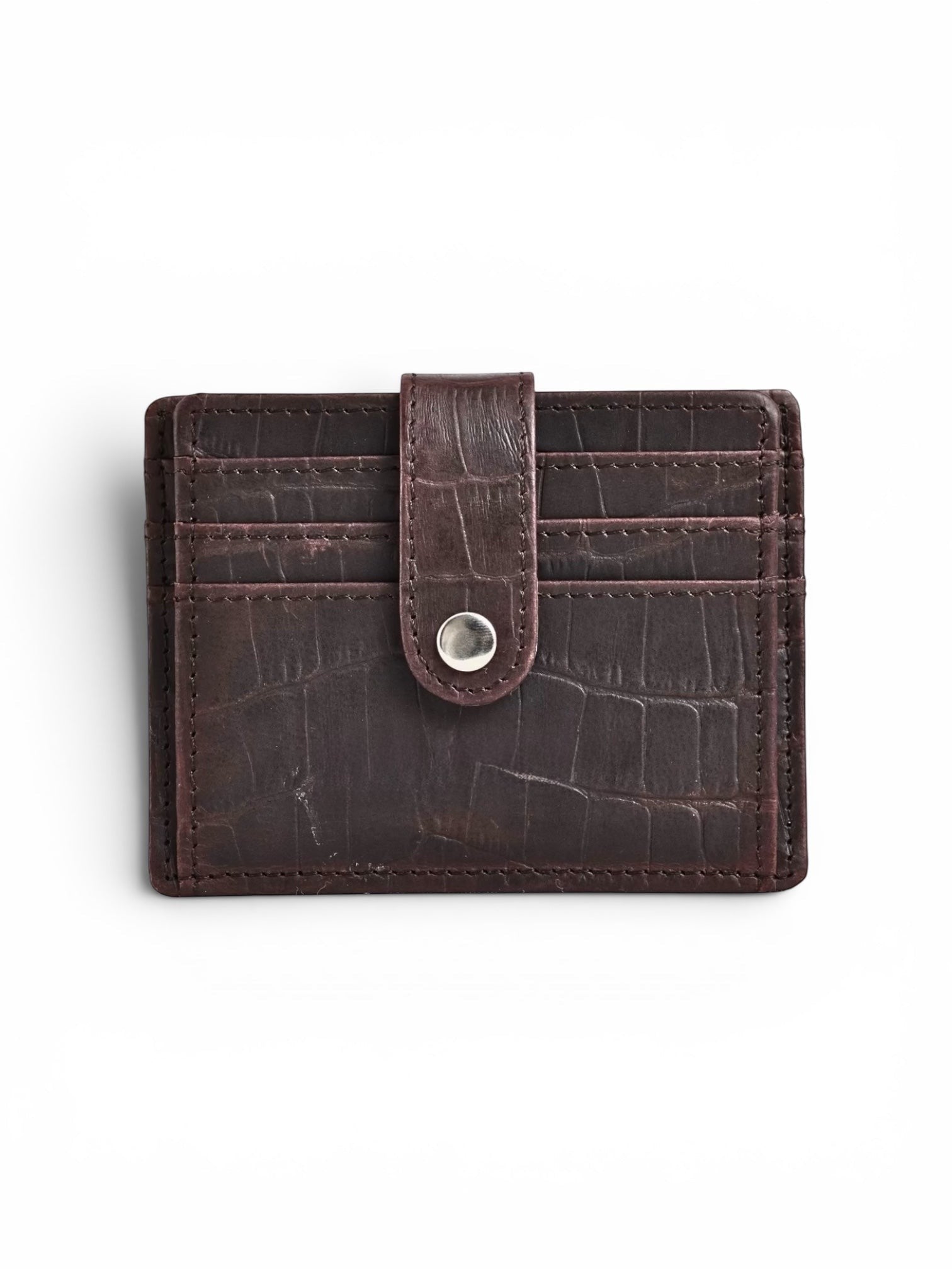 Seragino dark brown croc-texture leather card holder with snap closure and multiple card slots.