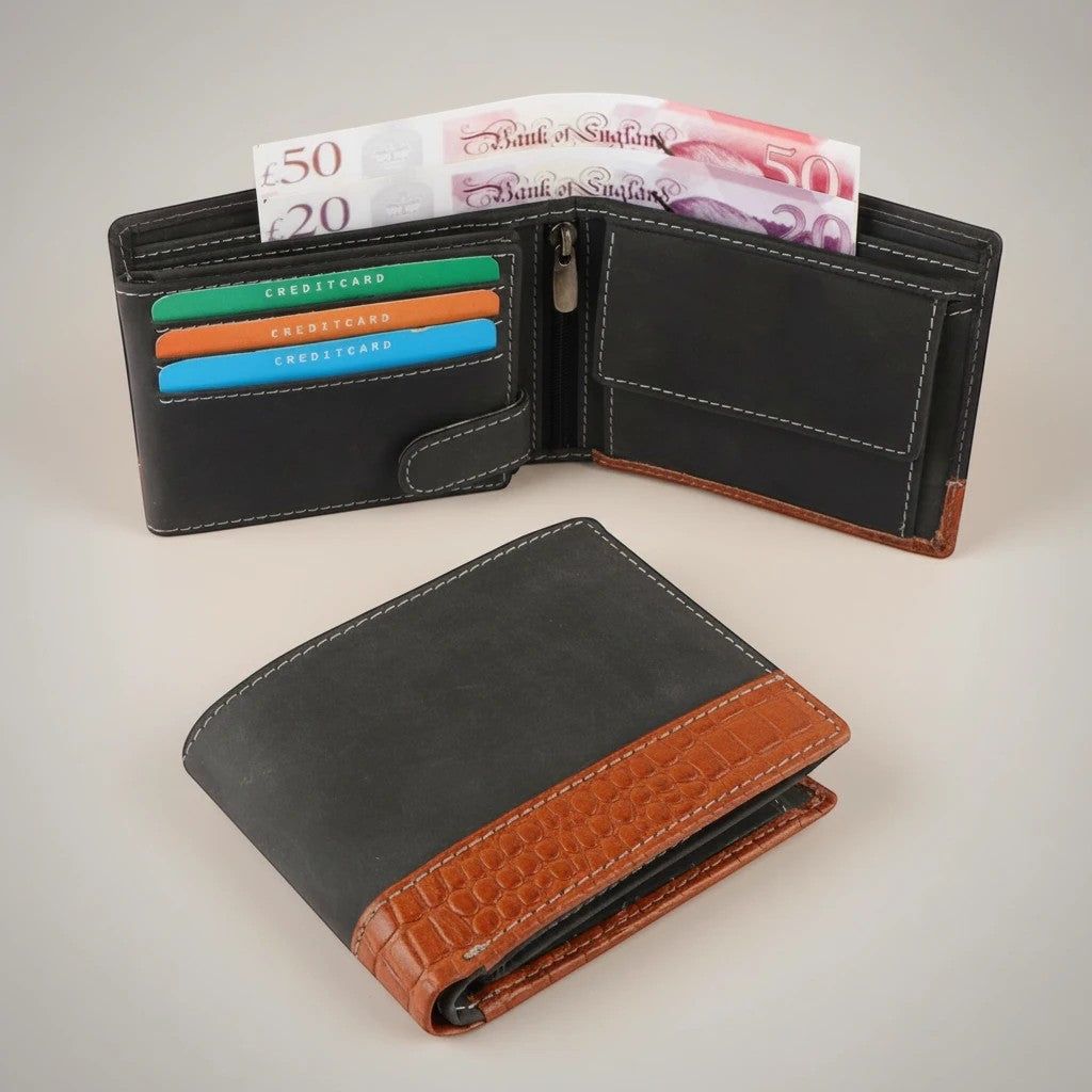 Seragino bifold wallet in black leather with brown crocodile-embossed texture trim. Features 6 card slots and cash compartment.