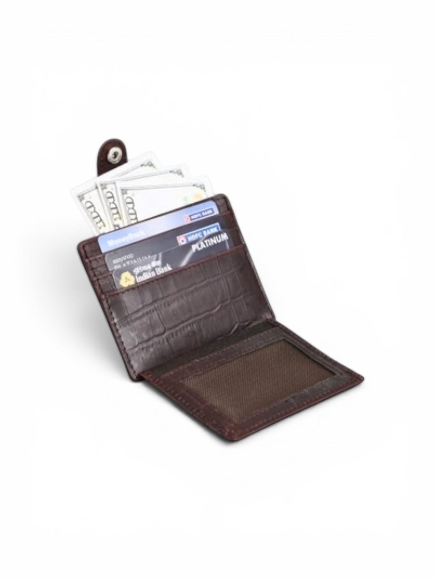 Seragino dark brown croc-texture leather card holder with snap closure, cash, and card slots.