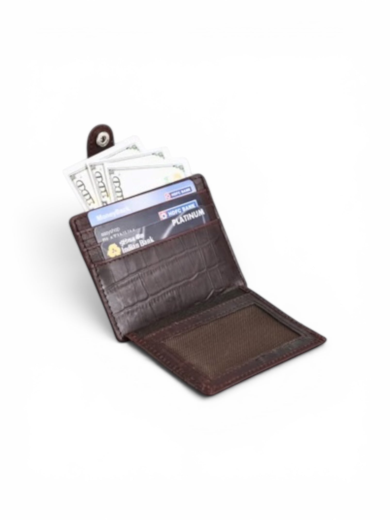Seragino dark brown croc-texture leather card holder with snap closure, cash, and card slots.