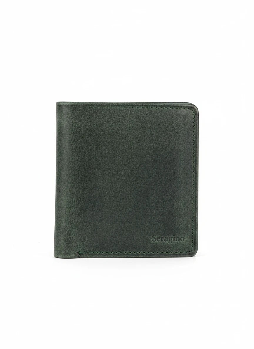 Seragino Verde bifold wallet in dark green leather with subtle embossed logo and stitched detailing.