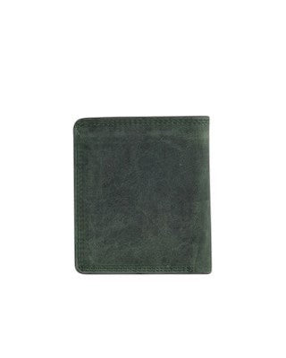 Seragino Verde Bifold Wallet in dark green distressed leather with stitched edges.