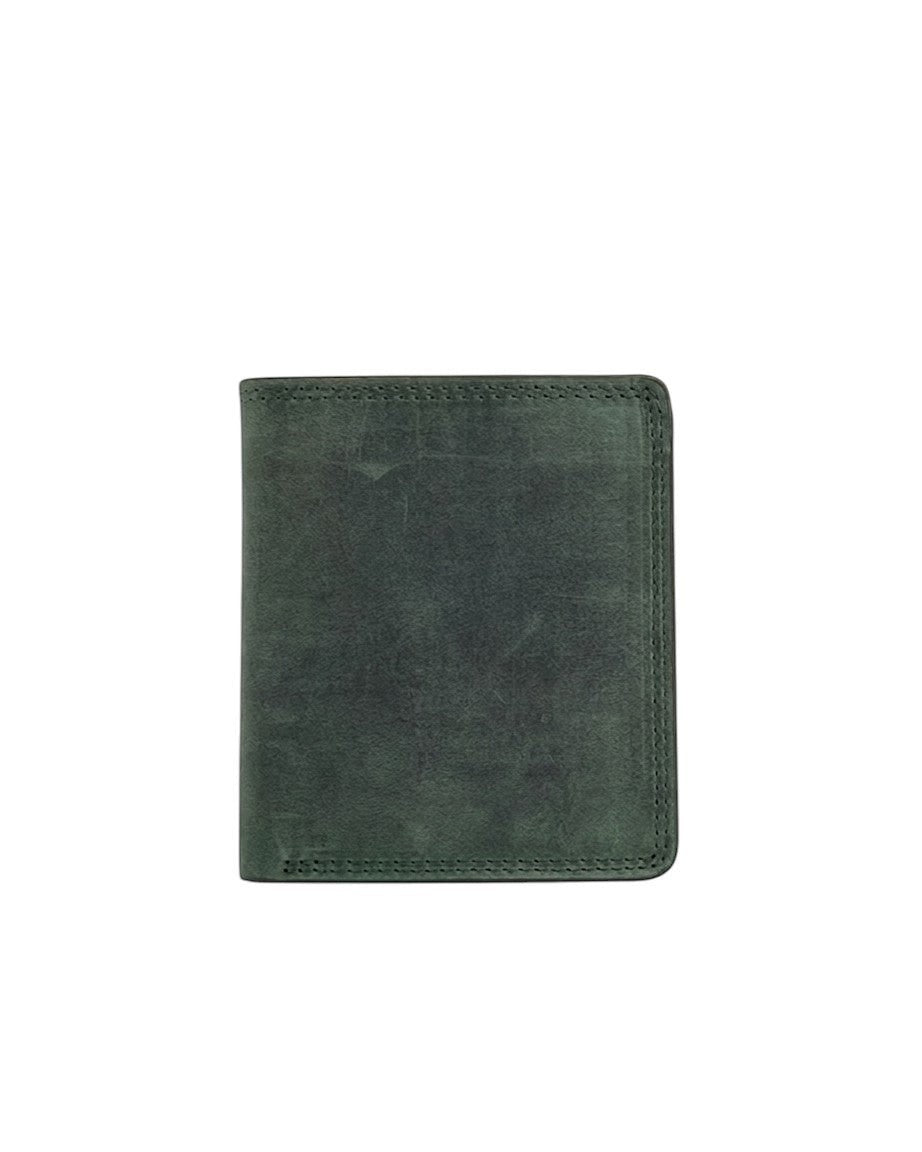 Seragino Verde Bifold Wallet in dark green distressed leather with contrast stitching.